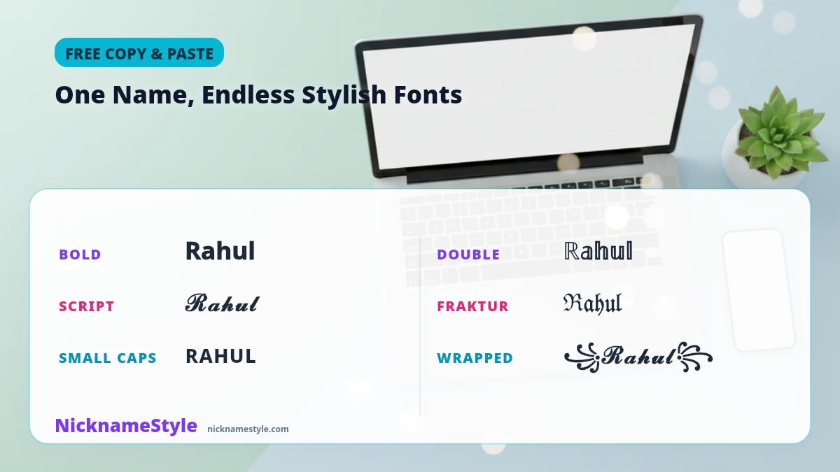 One name in many stylish fonts — NicknameStyle Stylish name generator showing one name in six fancy fonts: bold, script, small caps, double-struck, fraktur and wrapped