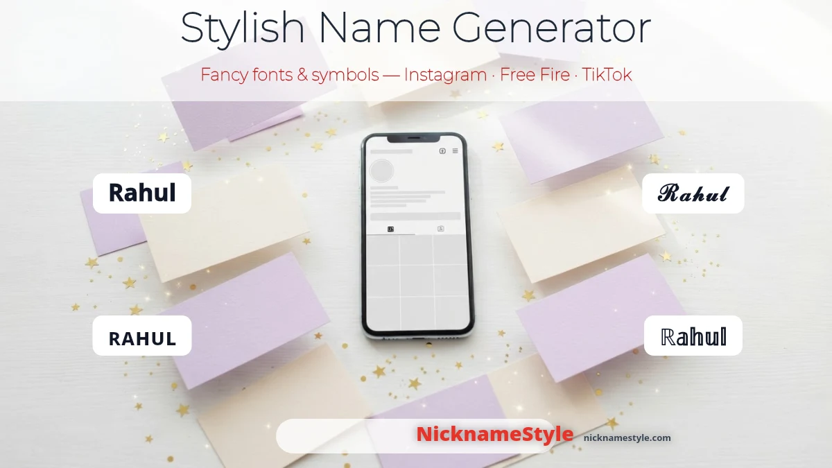 Stylish name generator showing the name Rahul in four fancy fonts: bold, cursive script, small caps and double-struck