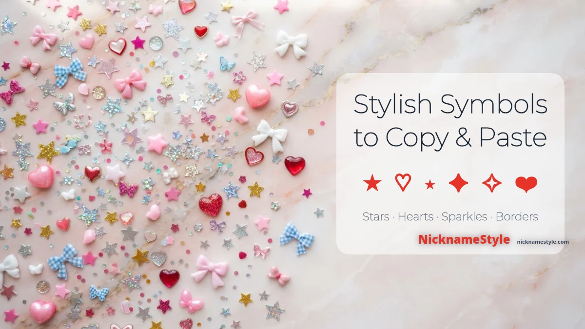 Stylish symbols palette to copy and decorate your name — stars, sparkles, hearts and borders