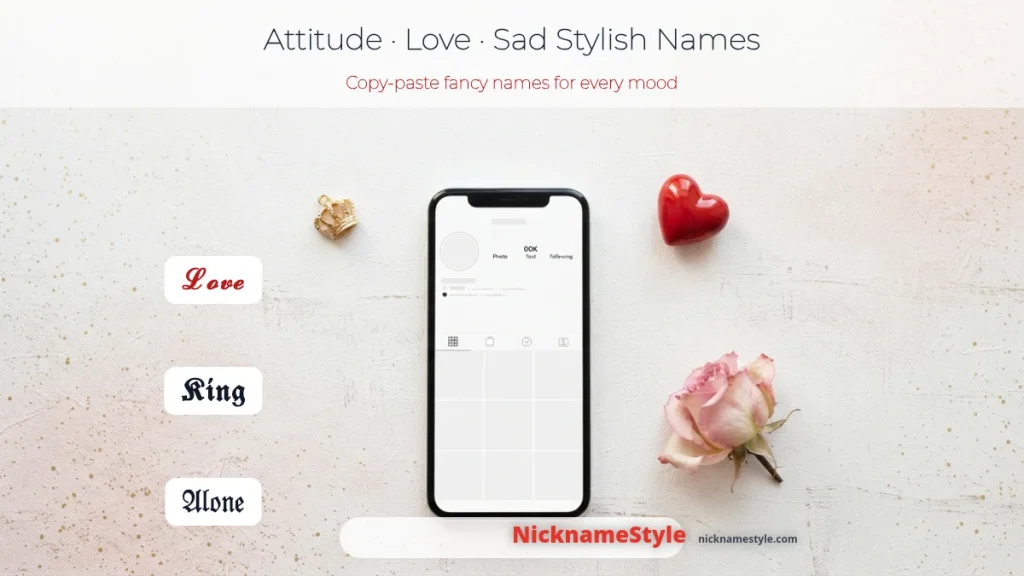 Attitude, love and sad stylish names in fancy fonts — King, Love and Alone