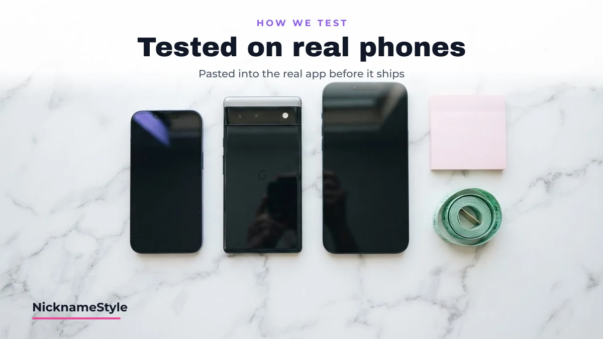 Three phones side by side — how NicknameStyle tests every stylish name style before publishing it