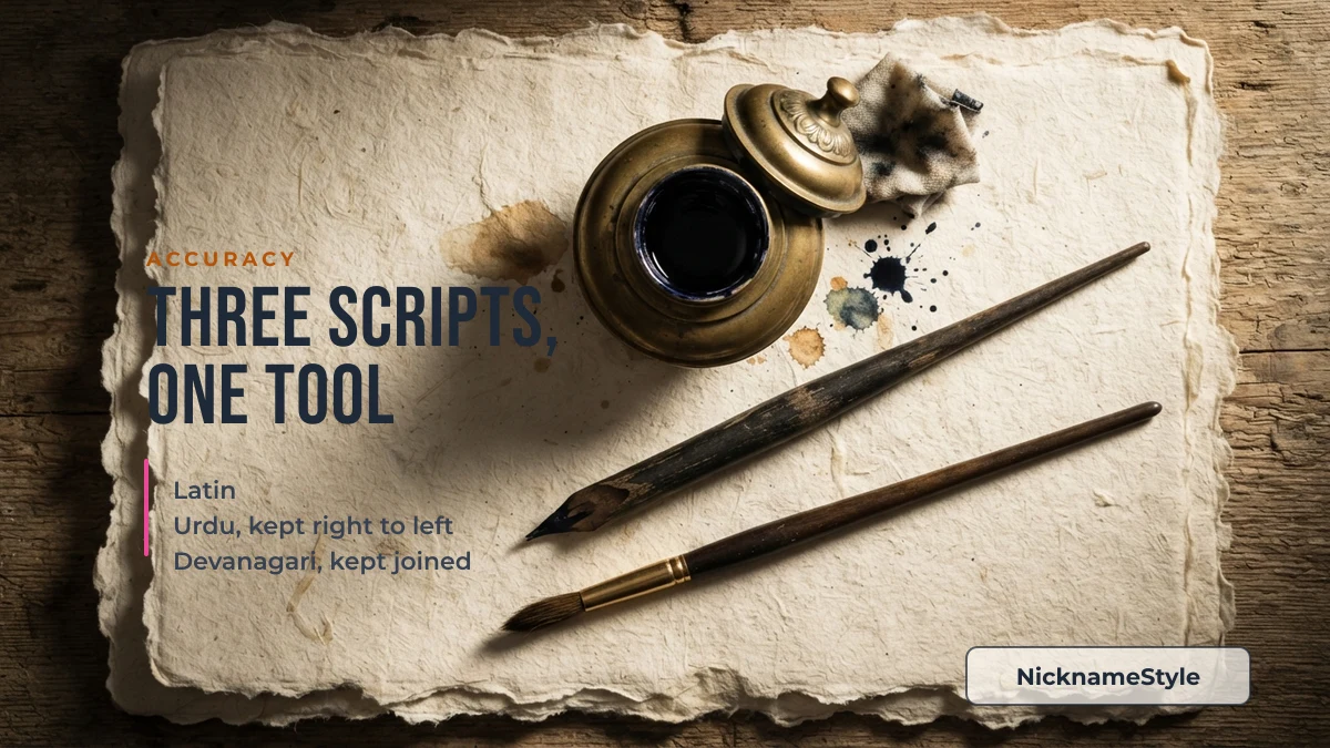 Calligraphy pen and ink — NicknameStyle keeps Urdu right to left and Devanagari letters joined