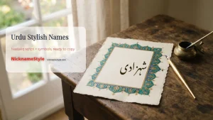 Urdu stylish name generator showing a name in Nastaliq script decorated with symbols
